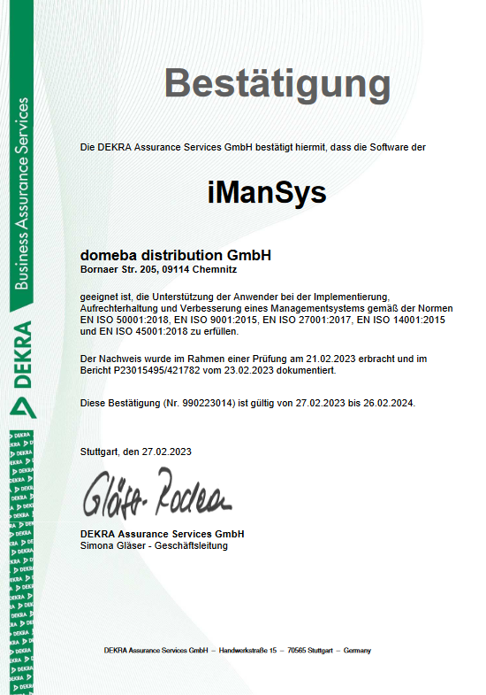 DEKRA Assurance Service: Bestätigung iManSys